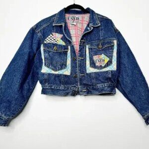 Vintage Get Used Denim Crop Jean Jacket Flannel Lined Patches Size Medium